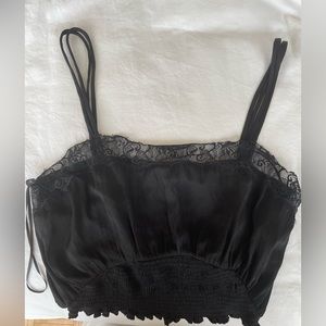 Zara black silky crop top with lace trim